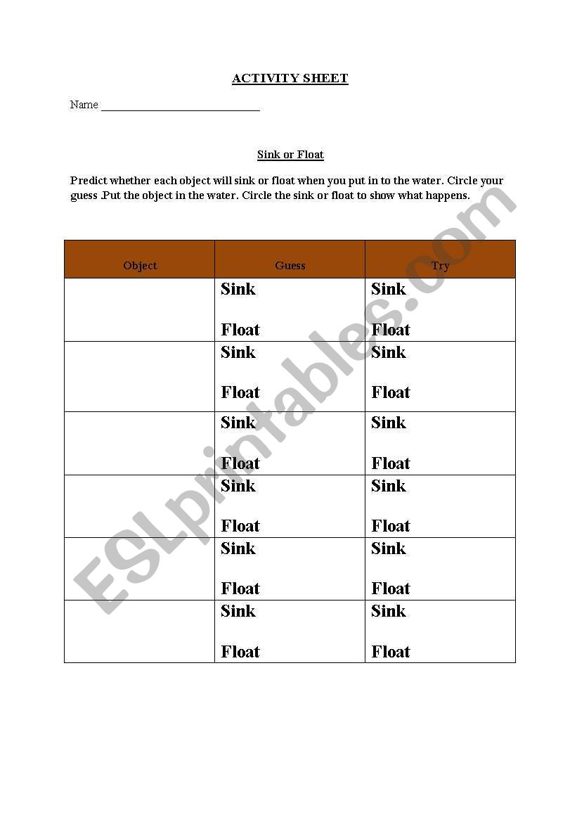 sink or float worksheet