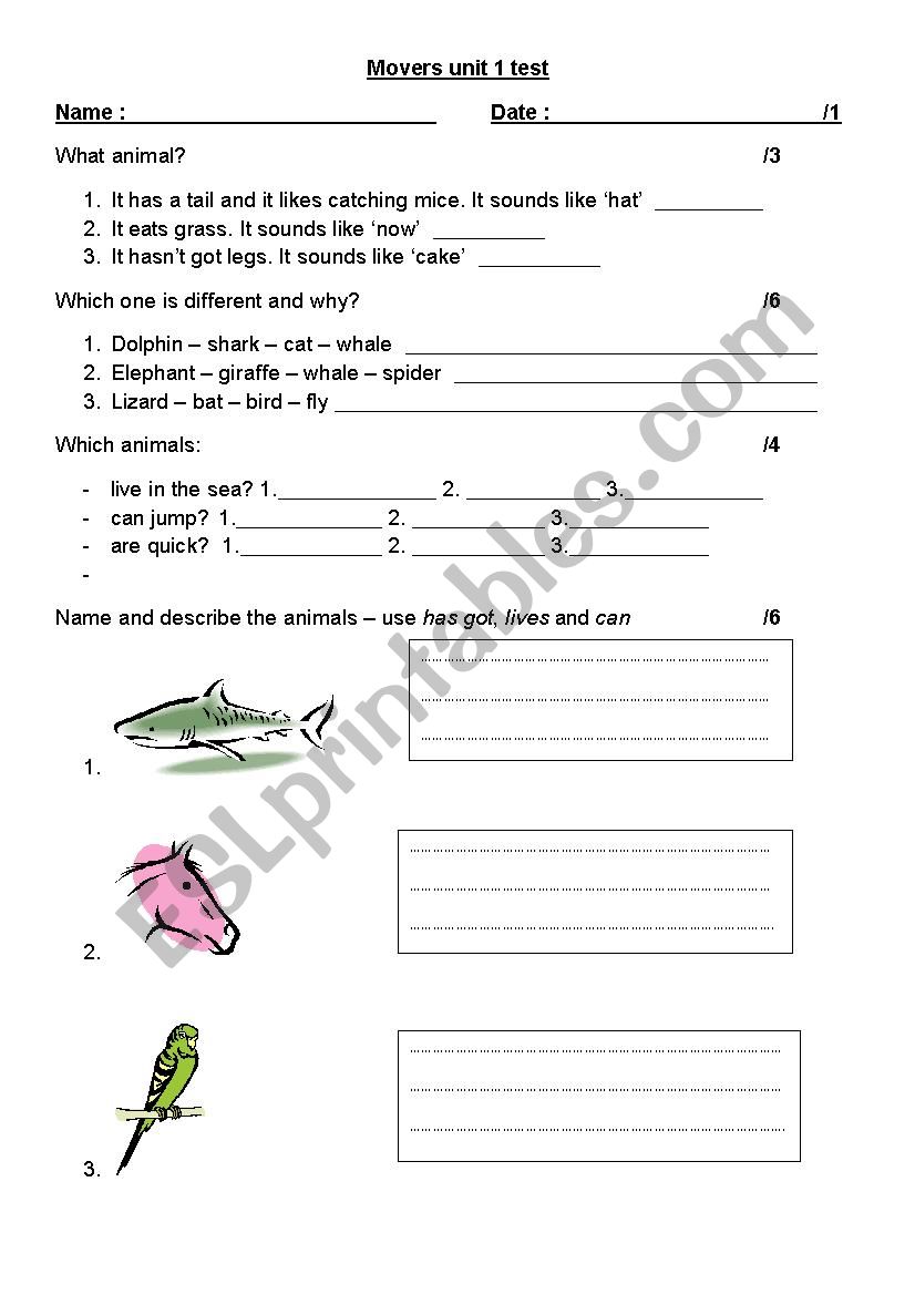 MOVERS test Unit 1 and 2 worksheet