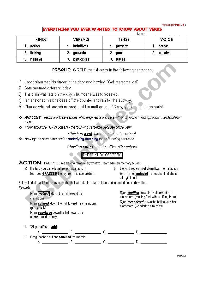 Verbs Handouts worksheet