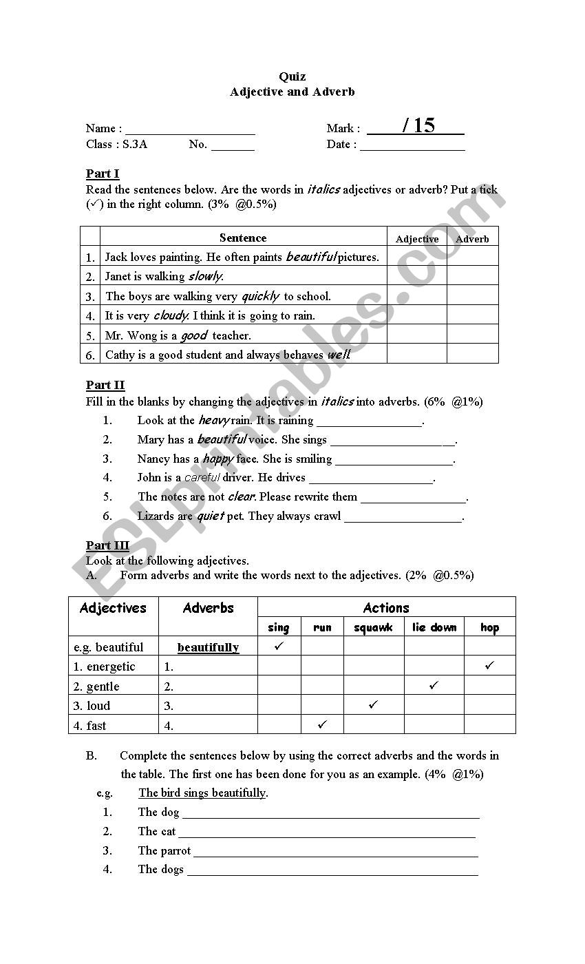 A Quiz on Adjective & Adverb worksheet