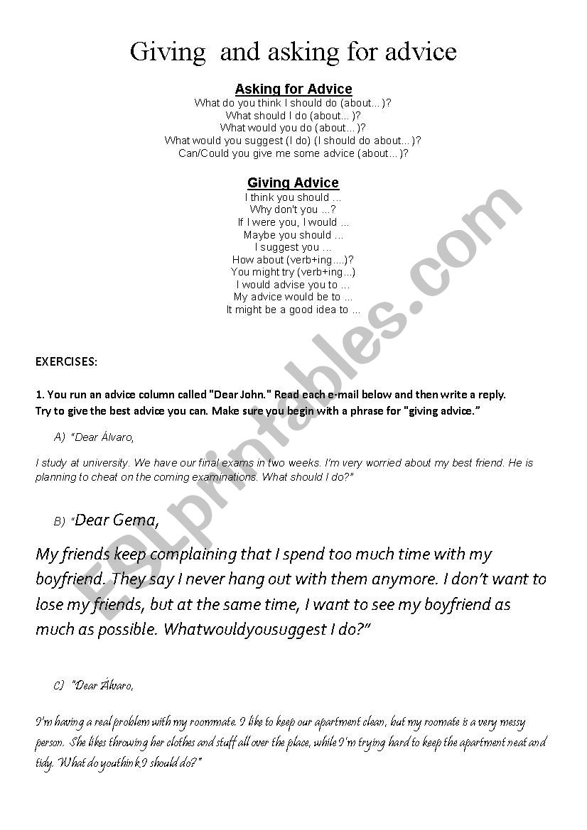 Giving and asking for advice worksheet