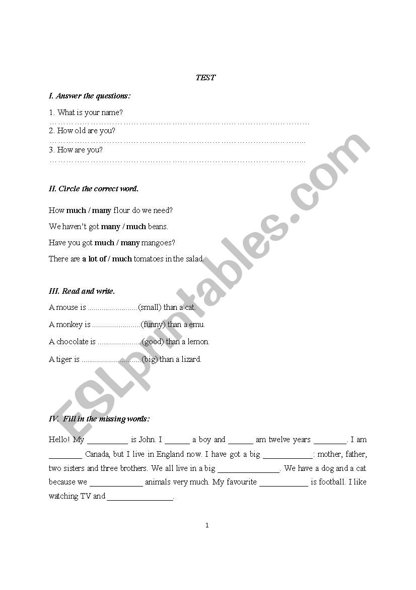 english test worksheet