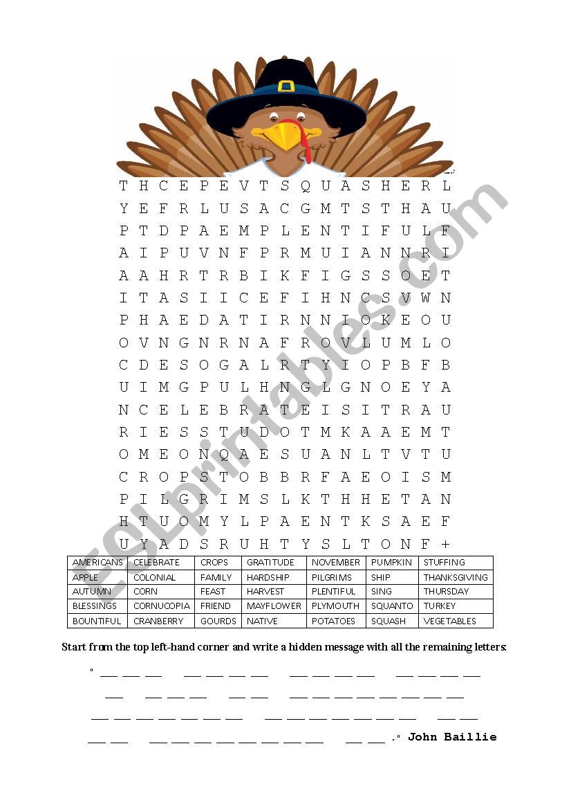 Thanksgiving Word Search worksheet