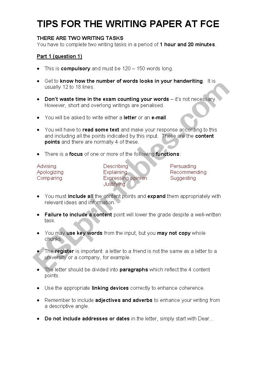 Tips for writing at FCE worksheet