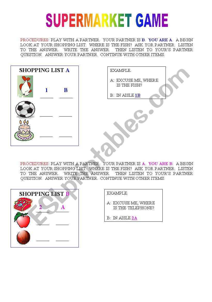 procedure of supermarket game worksheet