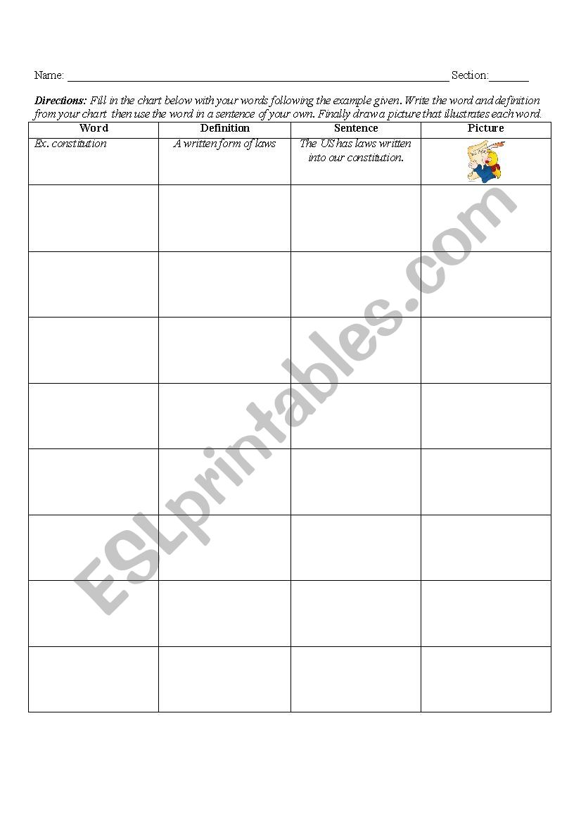 Vocabulary Chart worksheet