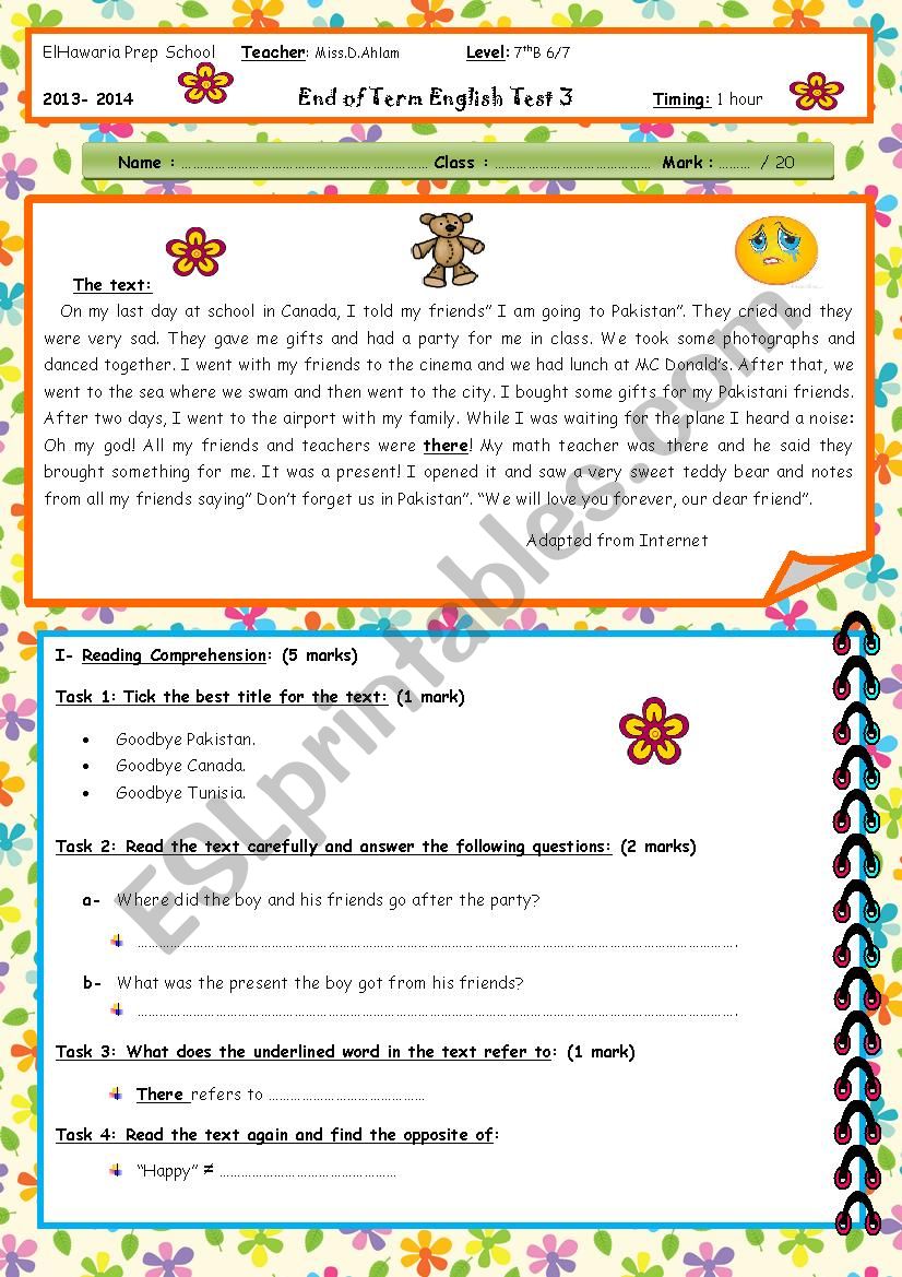 7th form end of term test 3 worksheet