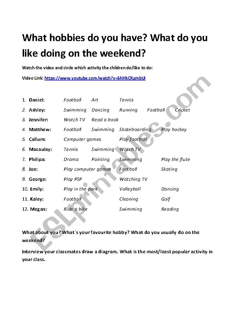 Whats your favourite hobby worksheet