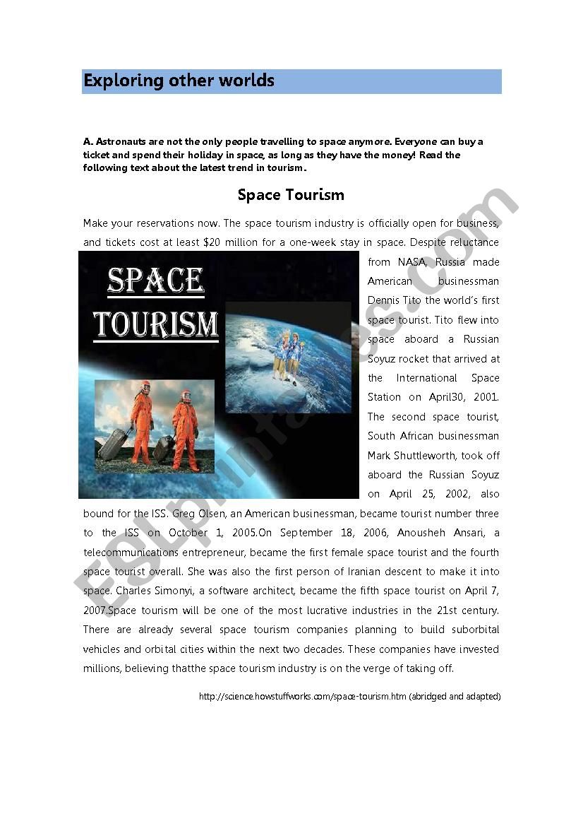 Space tourism worksheet