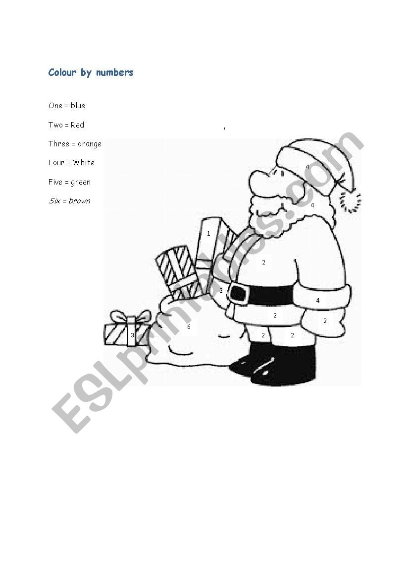 Colour by numbers, Santa worksheet