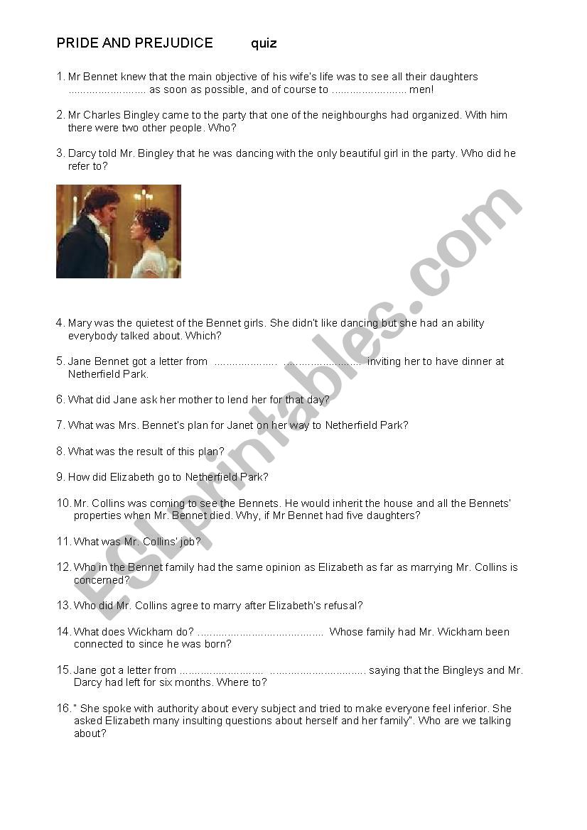 pride and prejudice quiz worksheet