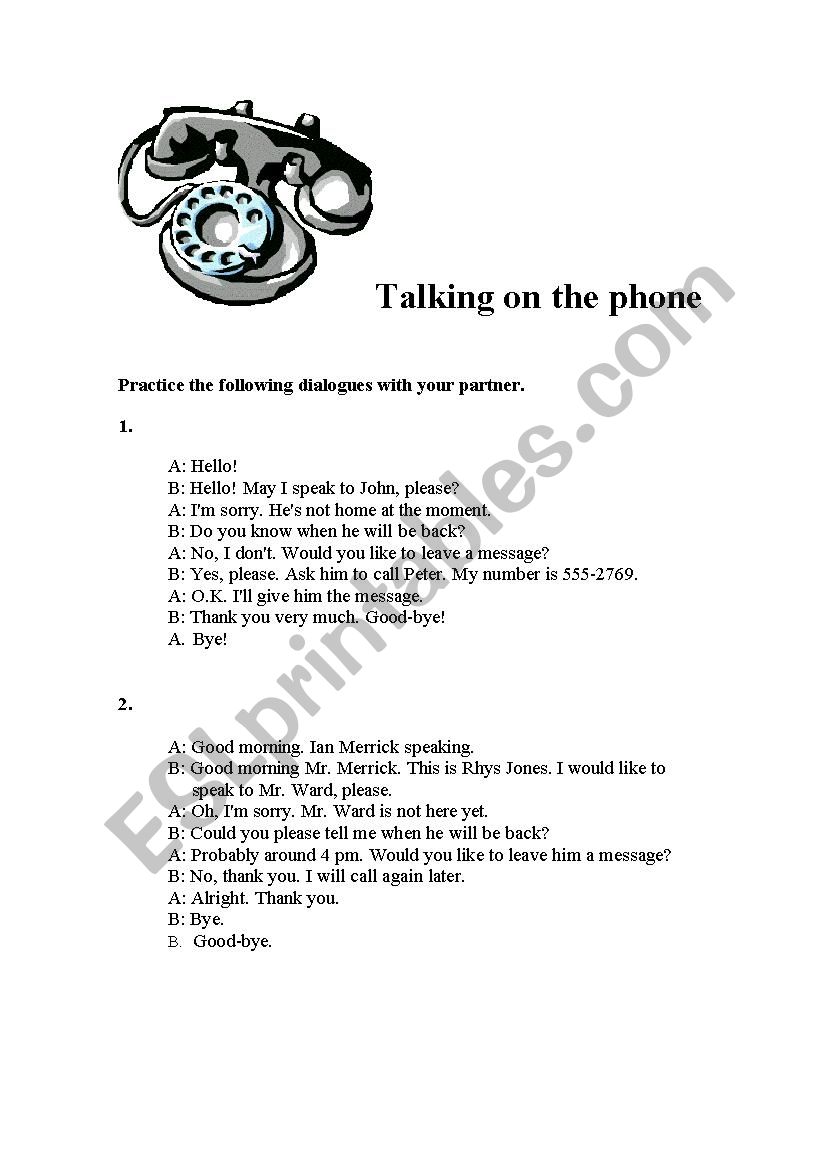 Talking on the phone worksheet