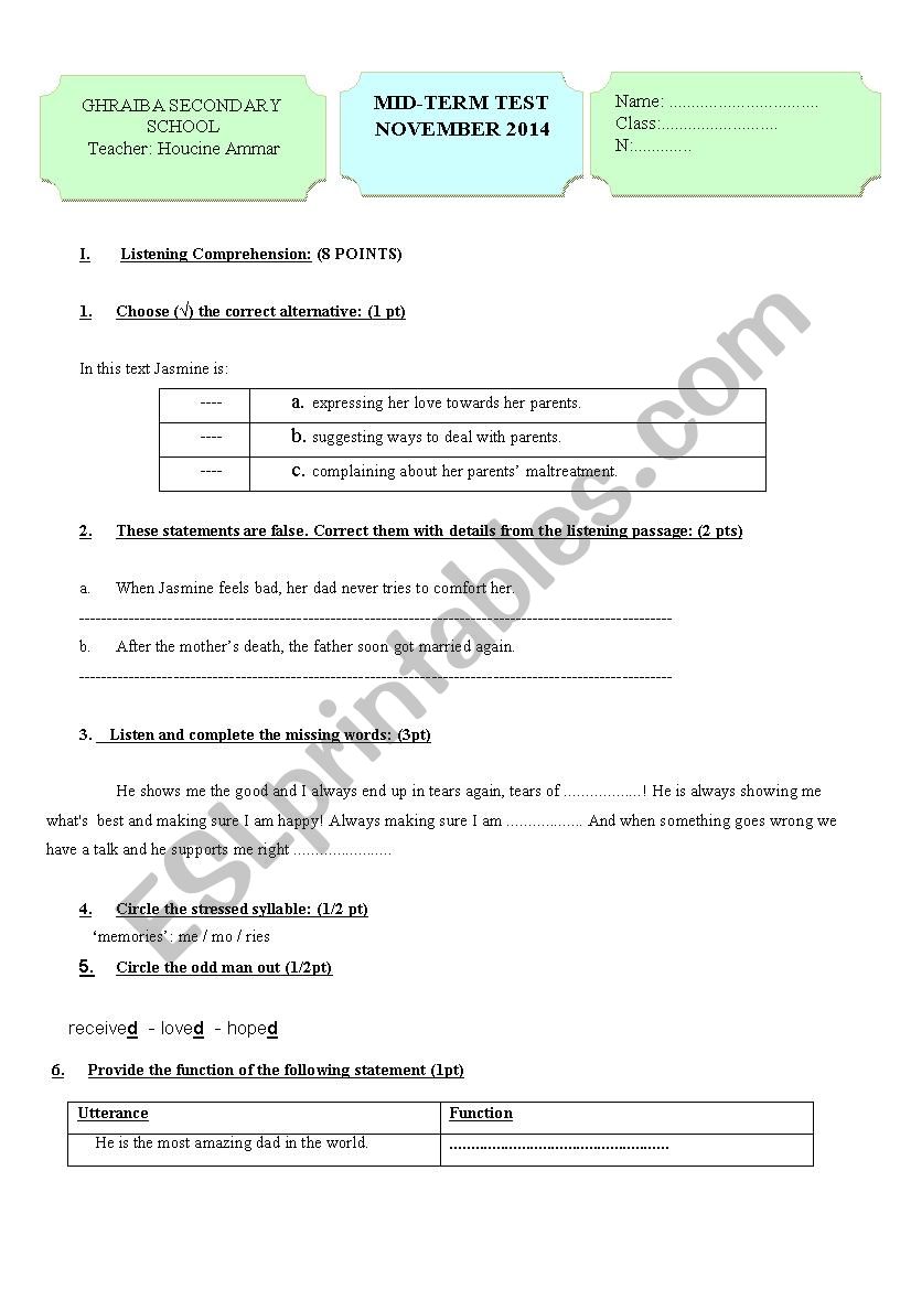 2nd year mid term test worksheet