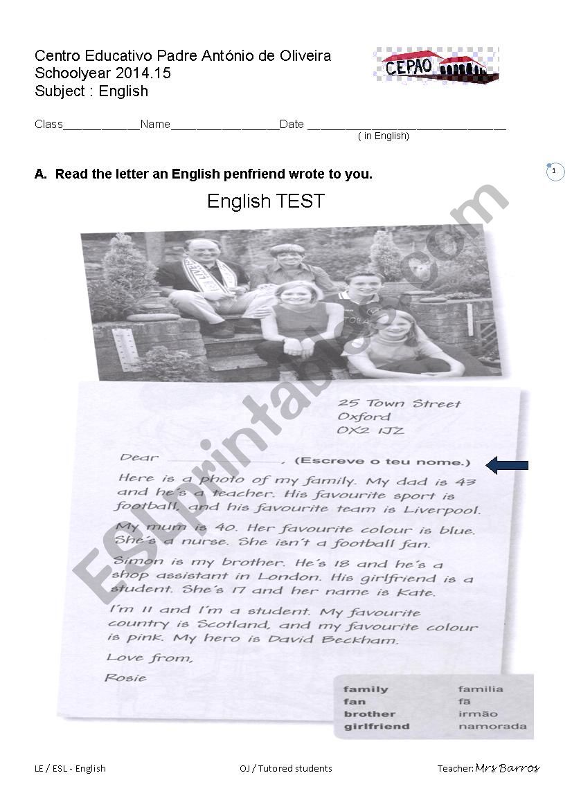 English test worksheet