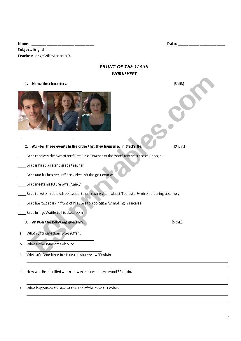 Front of the Class (Movie Worksheet)