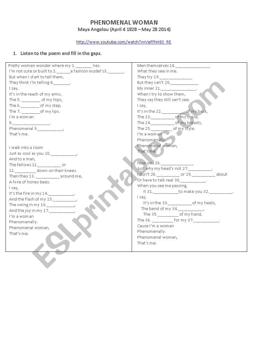 A tribute to Maya Angelou worksheet