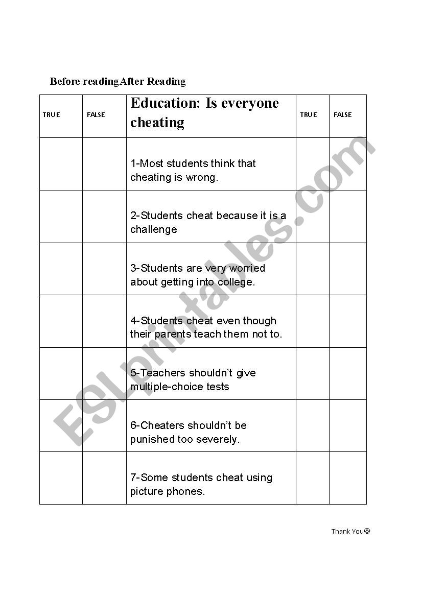 Pre-Reading Exercise worksheet