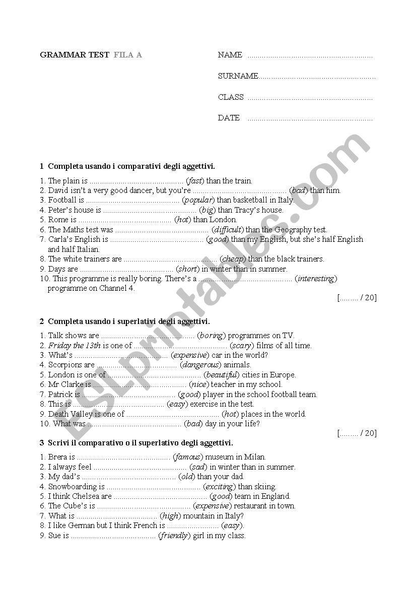 Grammar test worksheet