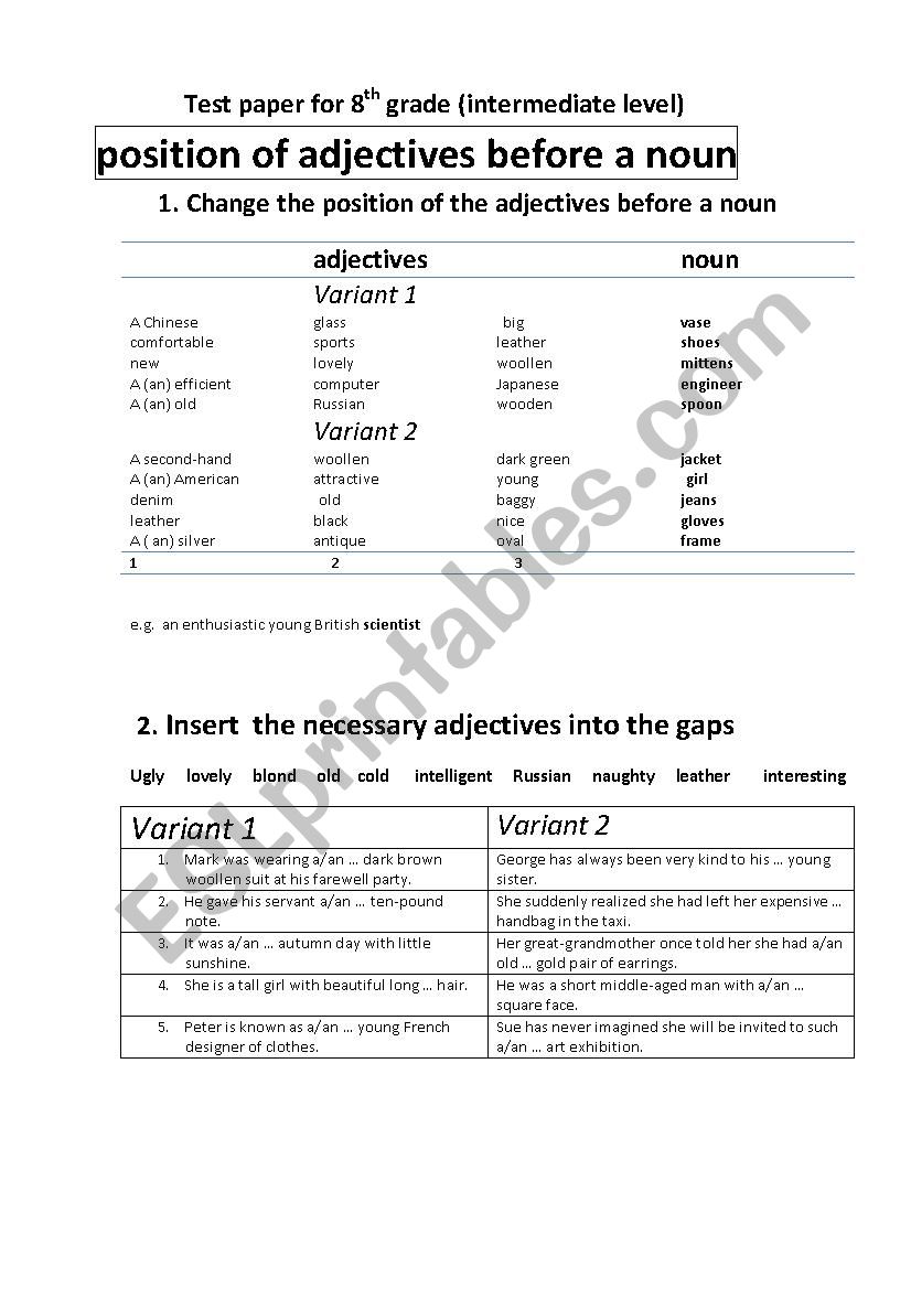 Position of adjectives before a noun