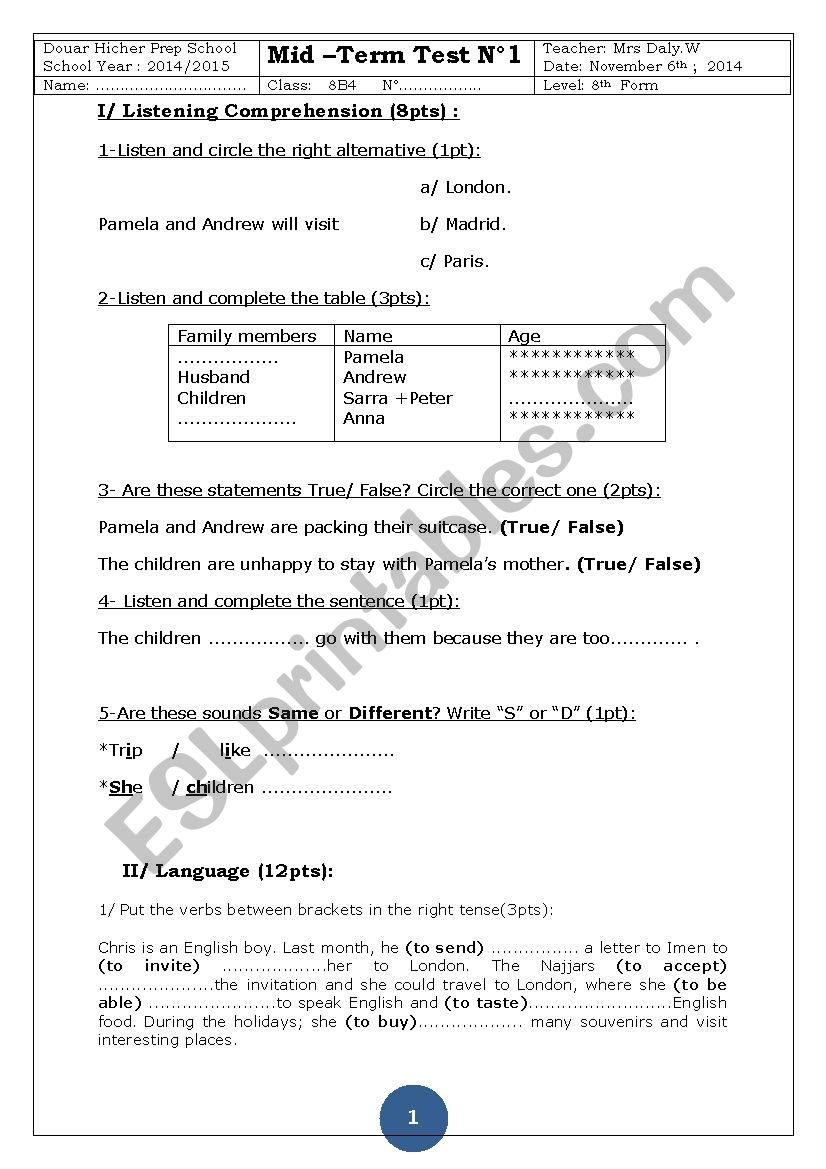 mid term test N1 worksheet