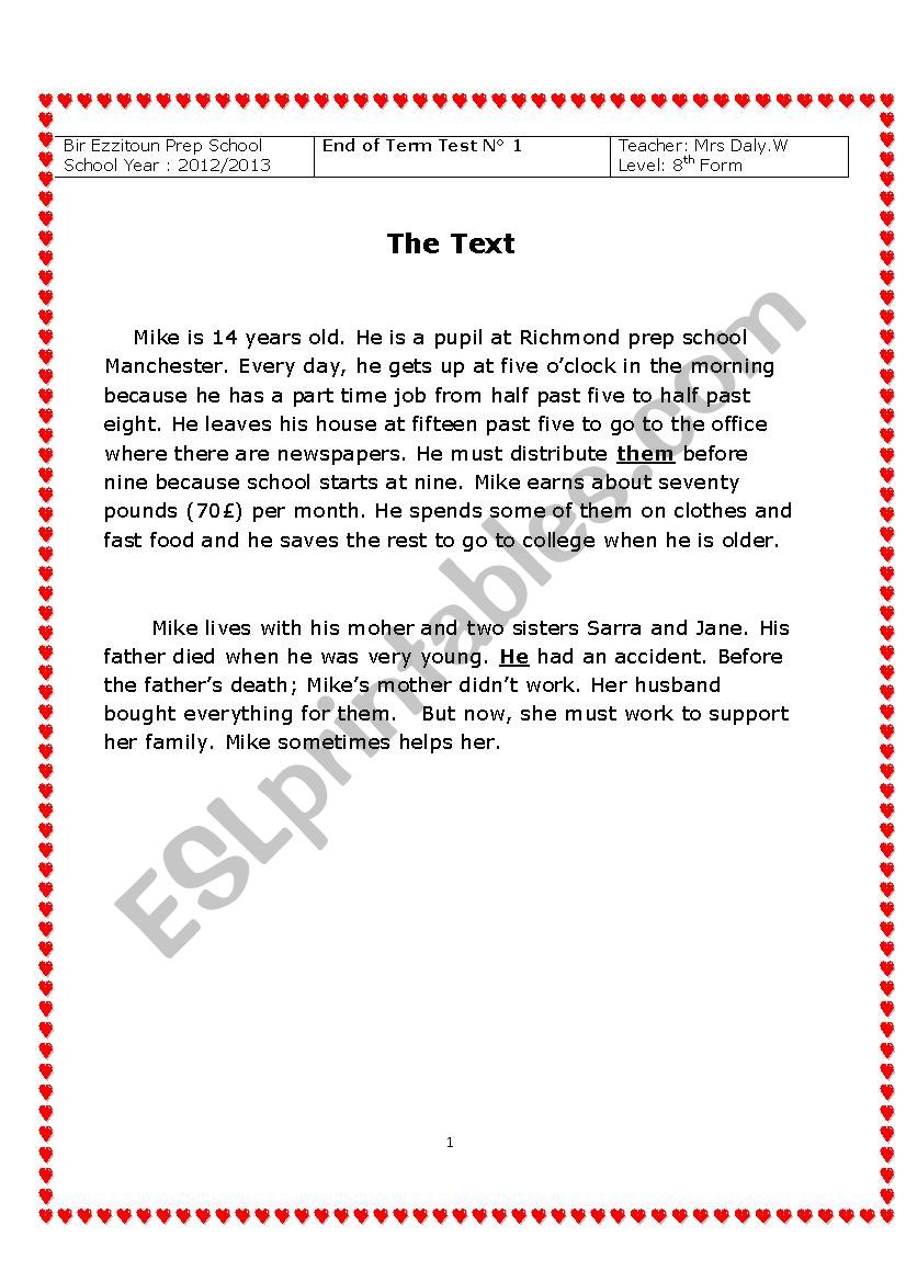 end of term test N 1 worksheet