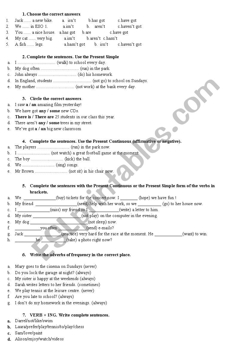 Grammar check for 1st ESO worksheet