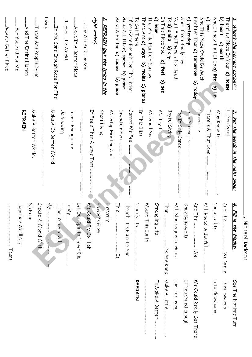 Heal the world worksheet