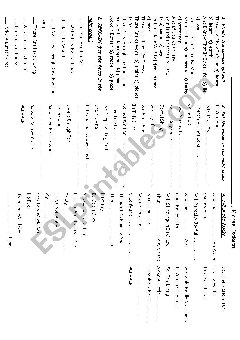 Heal the world worksheet