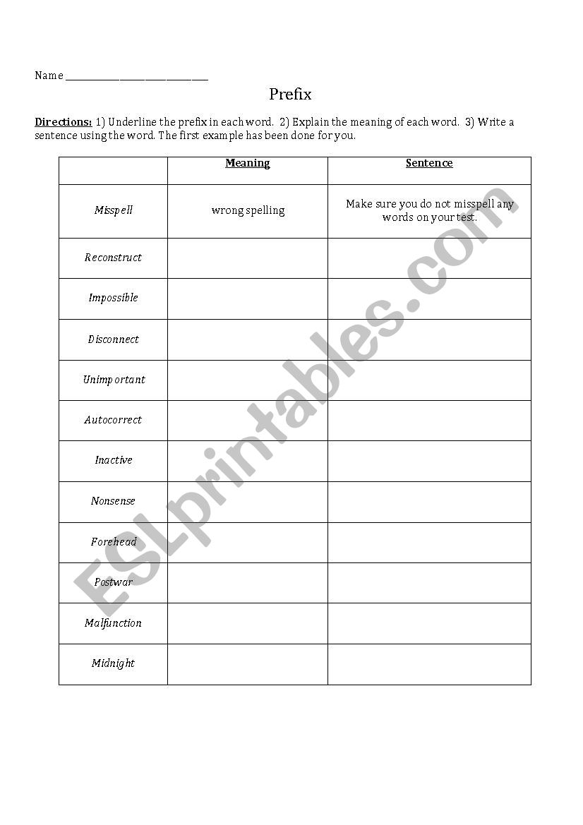 Prefix Worksheet worksheet