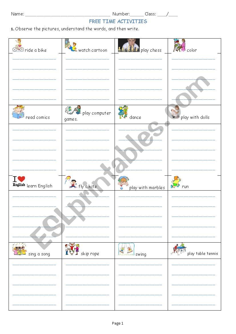 Free time activities worksheet