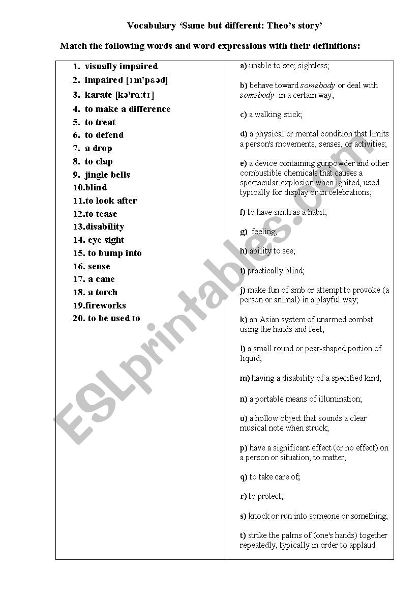 Same But Different Theo S Story Activities For The Video About A Visually Impaired Boy Esl Worksheet By Julia2404