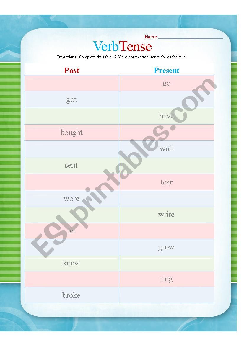 Verb Tense worksheet