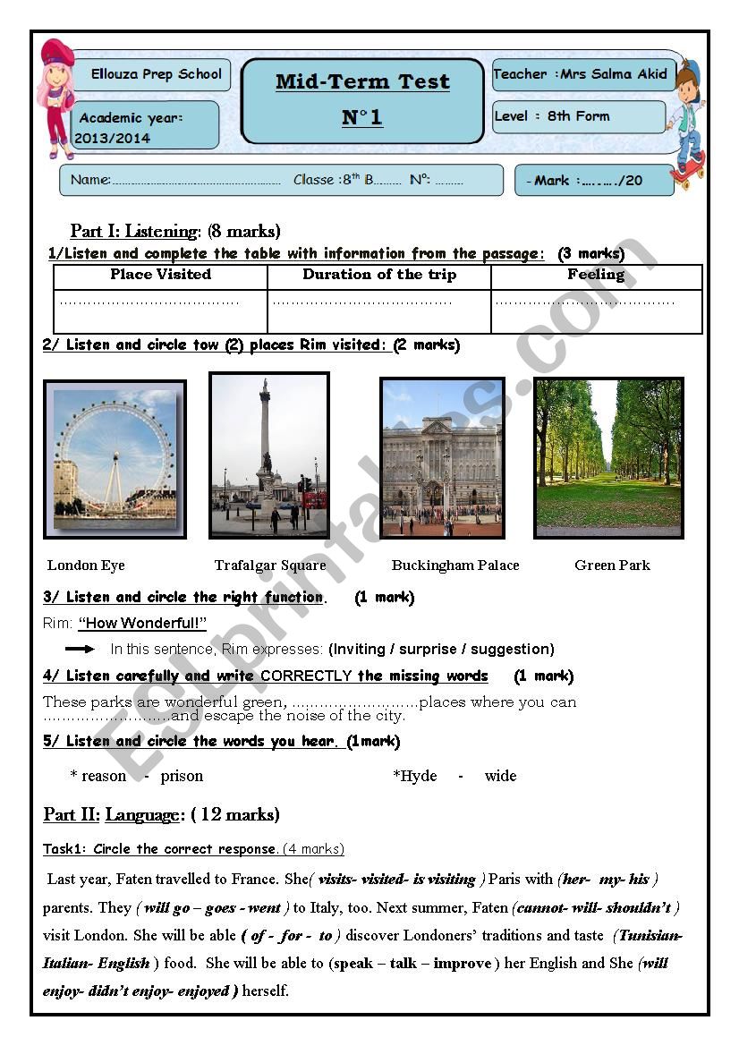 Mid term test 1 8th form worksheet