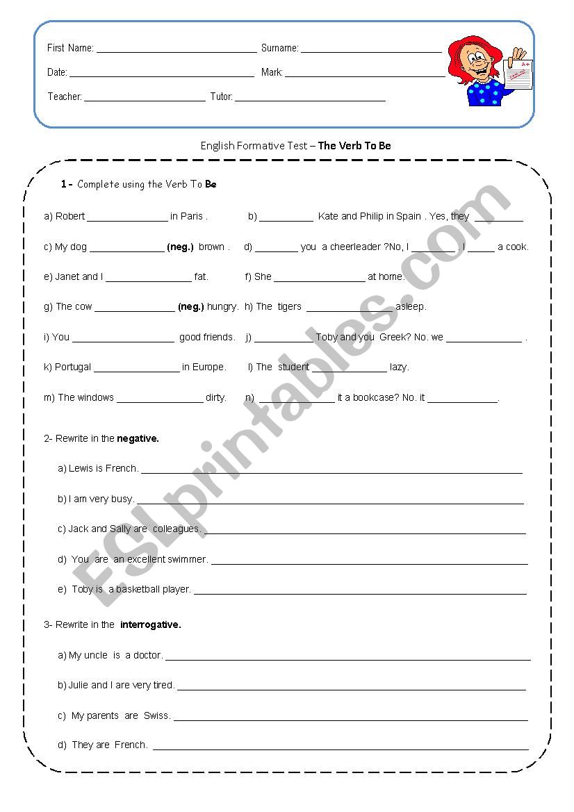 Verb To Be test worksheet