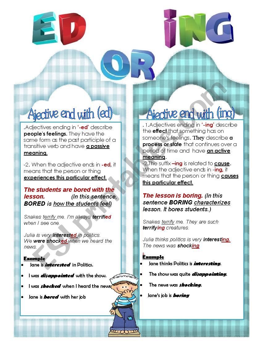 Ajective end with ing- ed worksheet