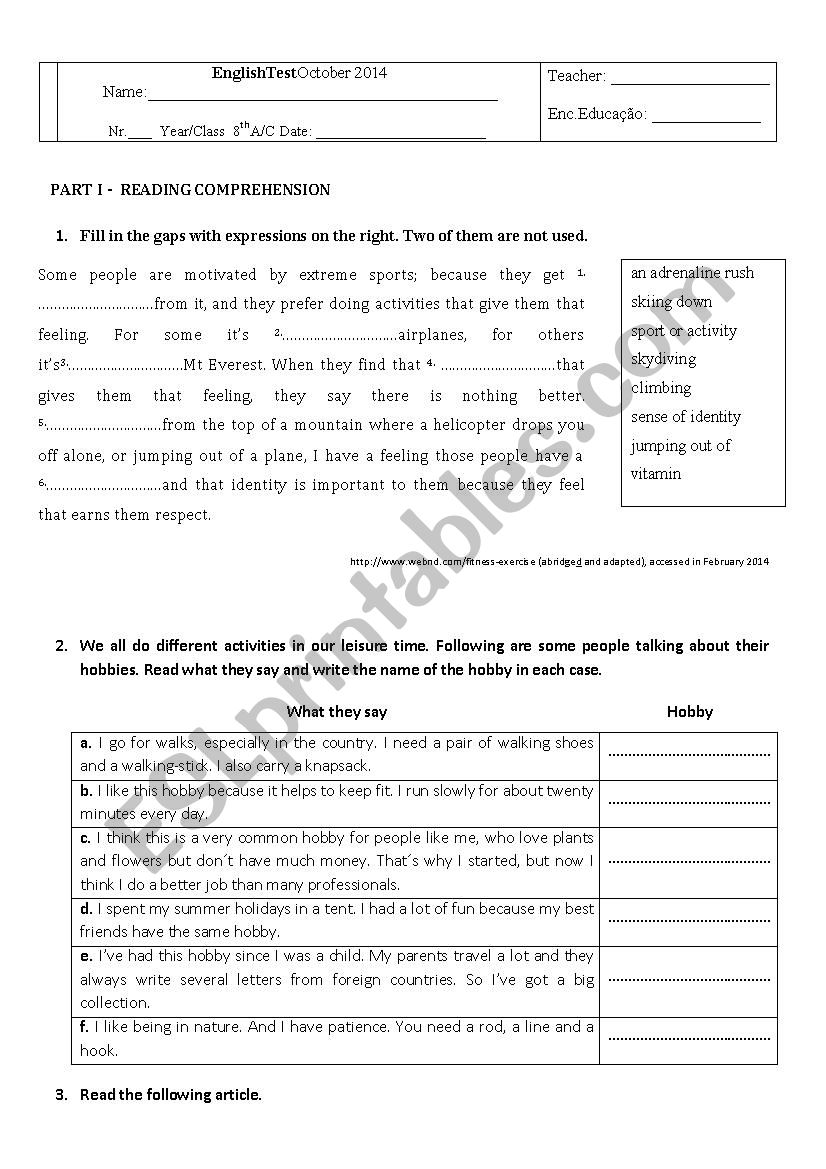 Hobbies worksheet