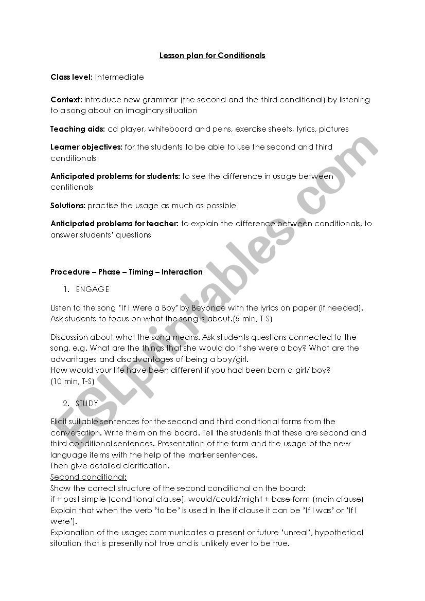 Lesson plan for conditionals worksheet