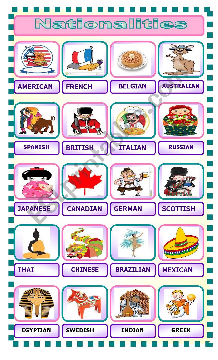 Pictionary Nationalities worksheet