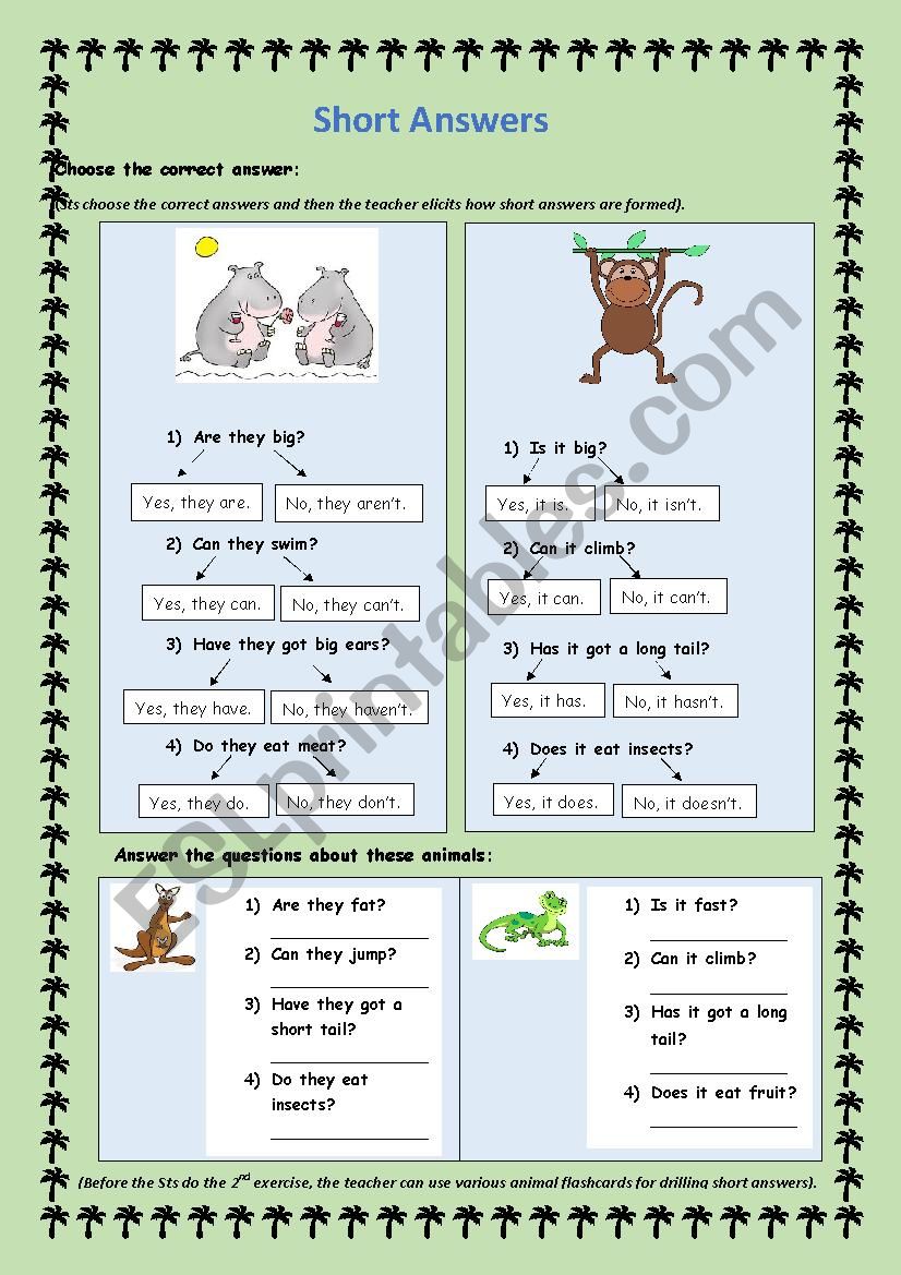 Short answers (animals) worksheet