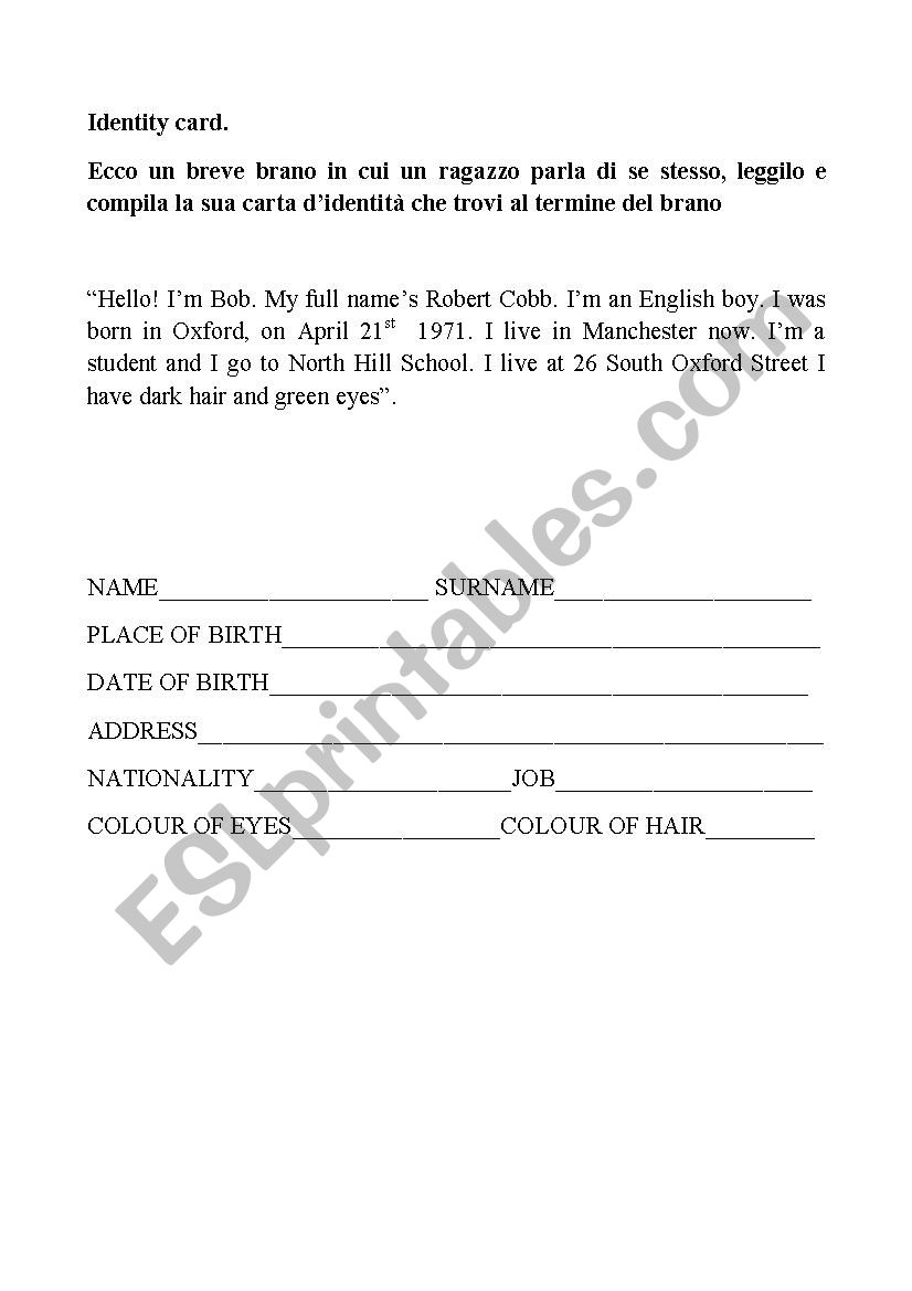 Identity card worksheet