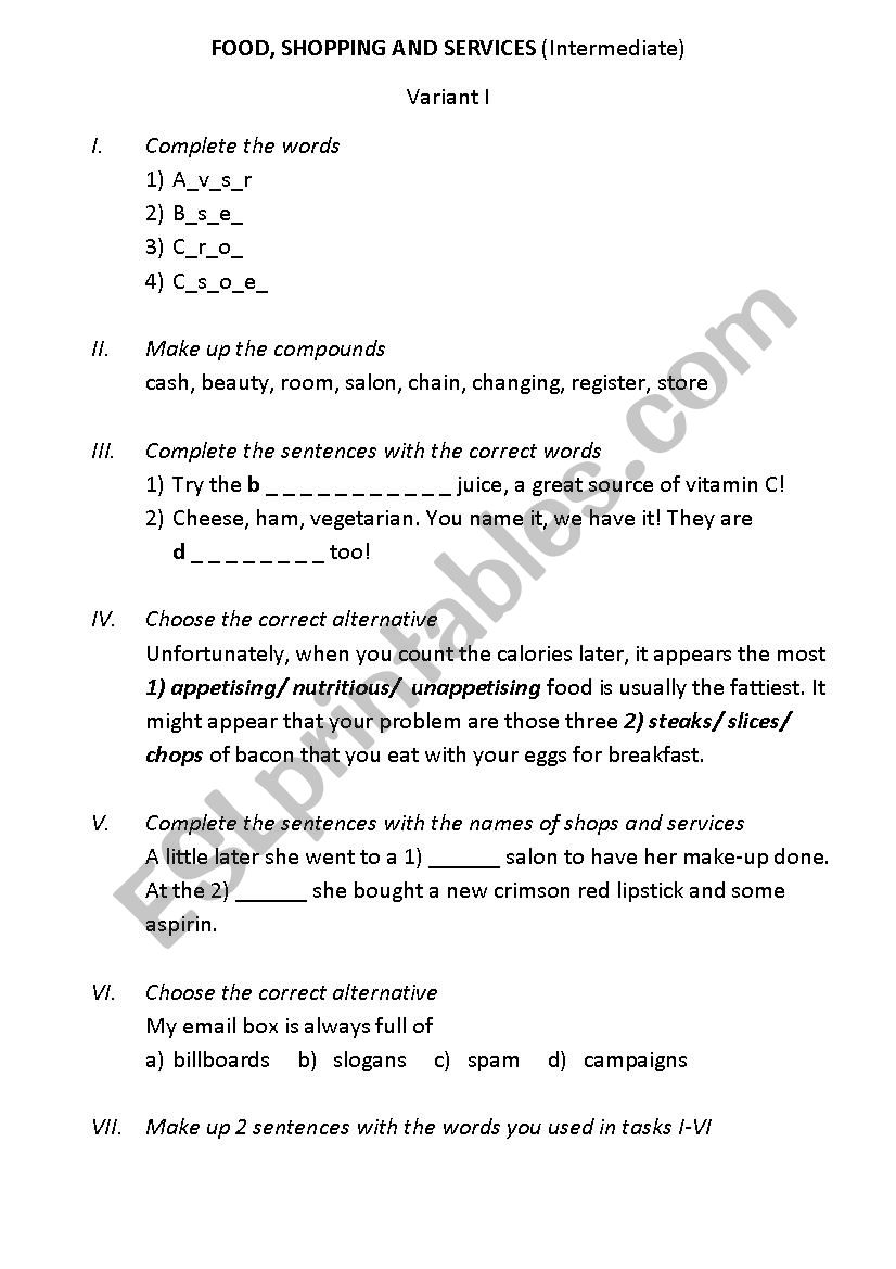 Shopping and services worksheet