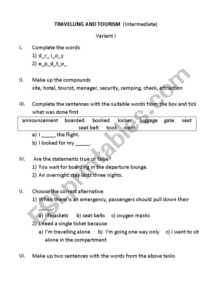 Travelling and tourism  worksheet