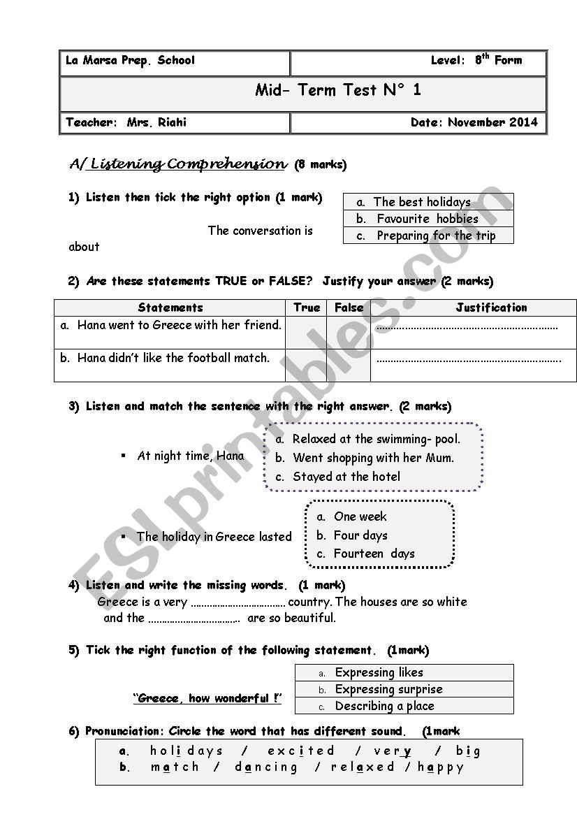 Mid-Term Test N1 worksheet