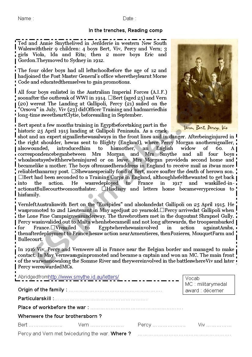 WWI reading comp worksheet