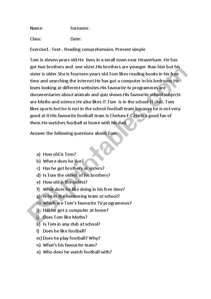 Reading comprehension worksheet