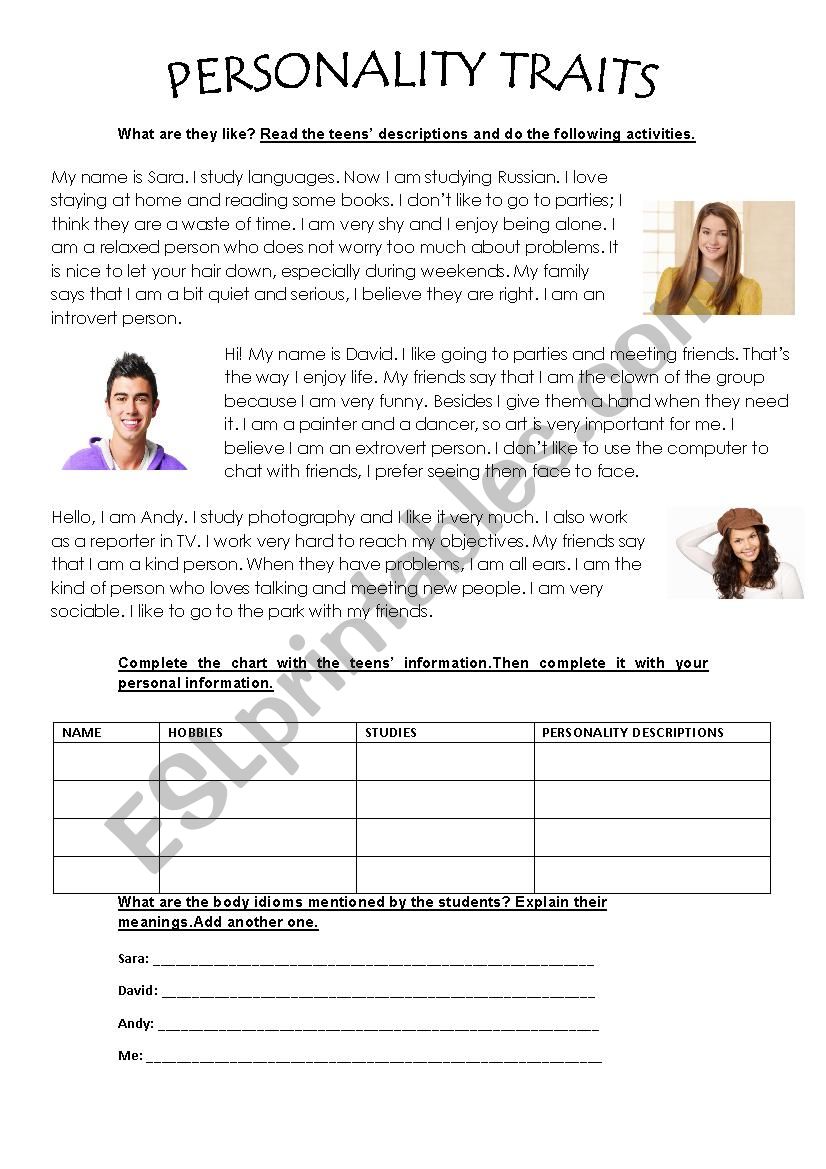 Personality Traits worksheet