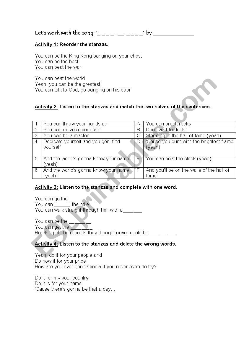 Hall of Fame by The Script worksheet