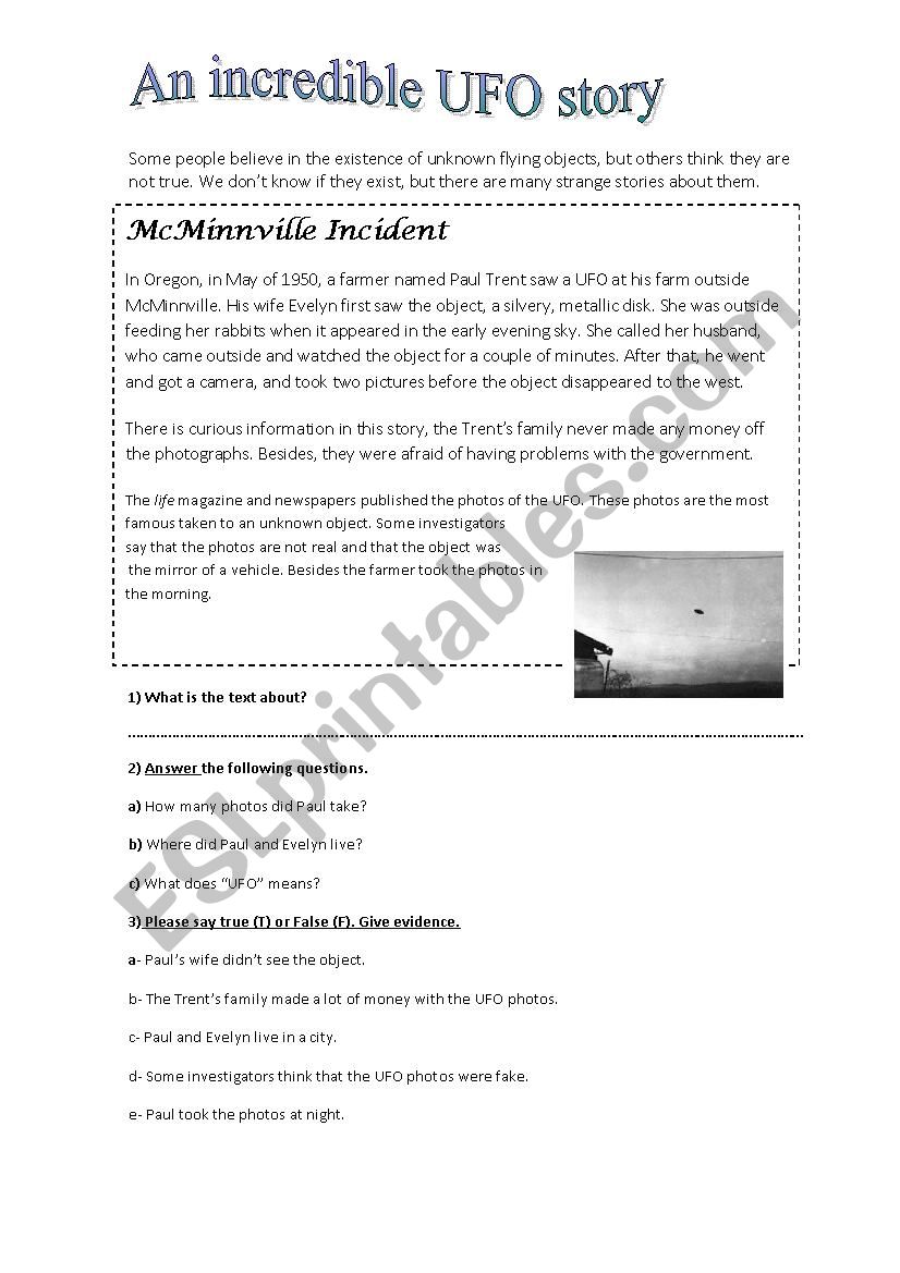 An incredible UFO story worksheet