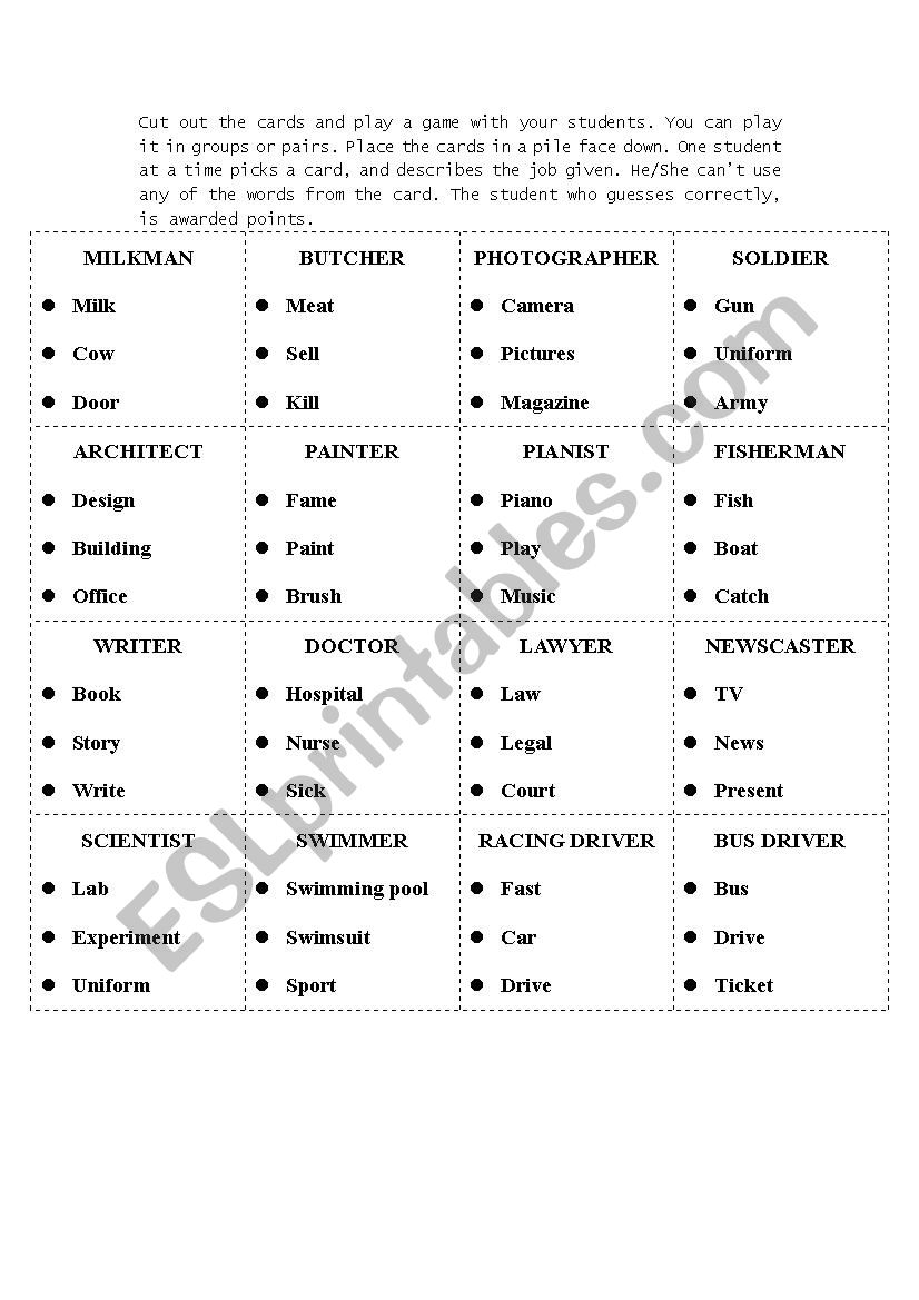 Taboo game on professions worksheet