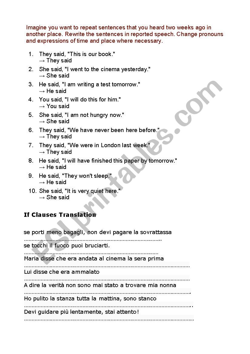 Worksheet reported speech ad if